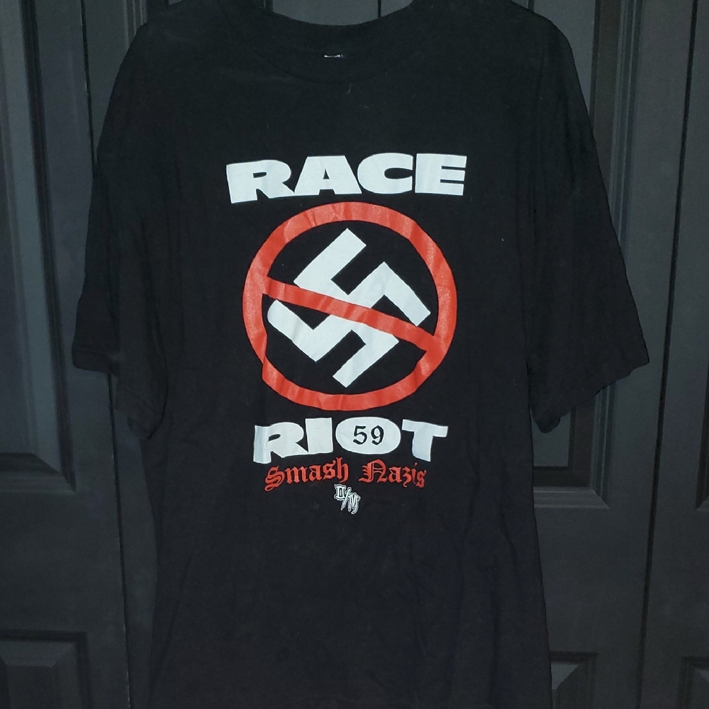 Alstyle Black Graphic Tee with White and Red Anti-Nazi Design